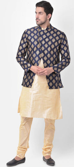 Gold color Kurta Pyjama with Jacket in Dupion Silk fabric with Printed work