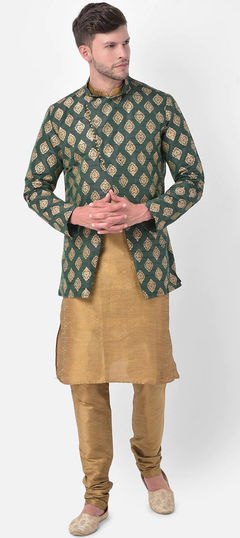 Gold color Kurta Pyjama with Jacket in Dupion Silk fabric with Printed work