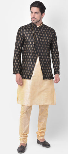 Gold color Kurta Pyjama with Jacket in Dupion Silk fabric with Printed work