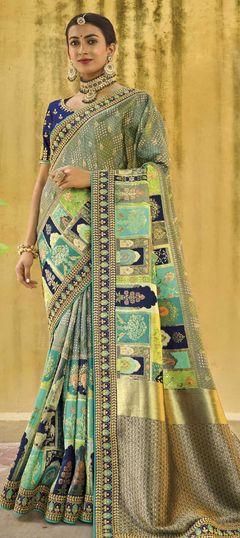 Green color Saree in Silk fabric with Gota Patti, Weaving, Zari work