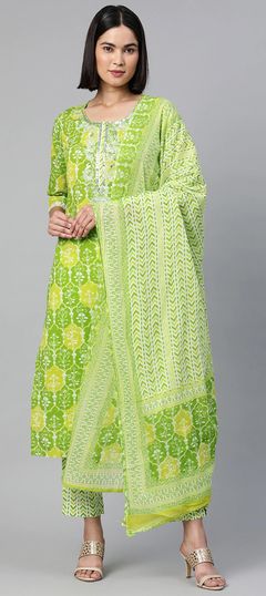 Green color Salwar Kameez in Cotton fabric with Embroidered, Printed, Resham, Sequence, Thread, Zari work