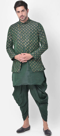 Green color IndoWestern Dress in Dupion Silk fabric with Printed work