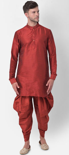 Red and Maroon color IndoWestern Dress in Dupion Silk fabric with Printed work