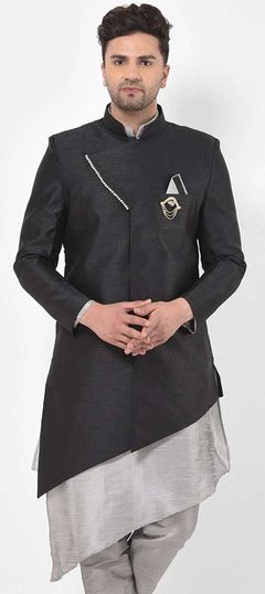 Black and Grey color Nehru Jacket in Dupion Silk fabric with Thread work