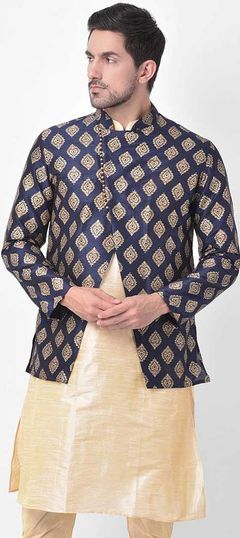 Blue color Nehru Jacket in Dupion Silk fabric with Printed work