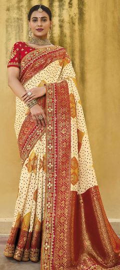 Red and Maroon, White and Off White color Saree in Silk fabric with Gota Patti, Weaving, Zari work