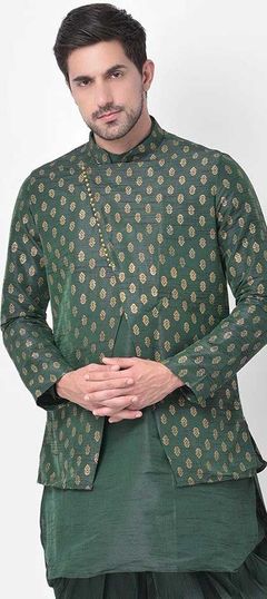 Green color Nehru Jacket in Dupion Silk fabric with Printed work