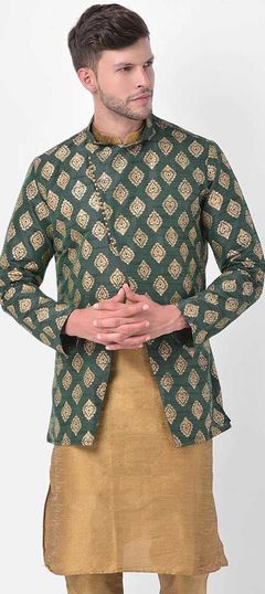 Green color Nehru Jacket in Dupion Silk fabric with Printed work