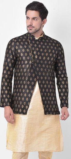 Black and Grey color Nehru Jacket in Dupion Silk fabric with Printed work