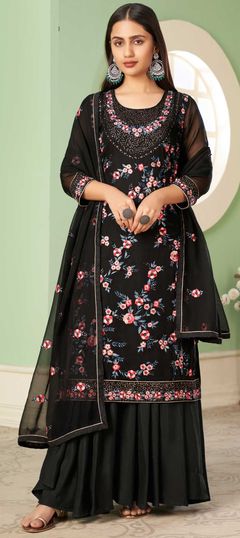 Black and Grey color Salwar Kameez in Georgette fabric with Embroidered, Lace, Sequence work