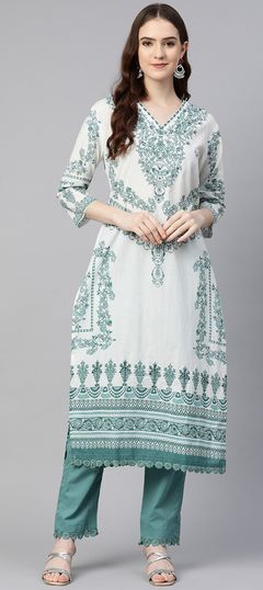 Blue, White and Off White color Salwar Kameez in Cotton fabric with Printed, Sequence work