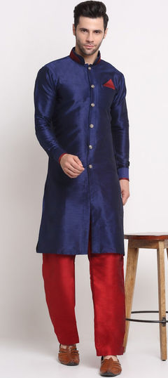 Blue color Kurta Pyjamas in Dupion Silk fabric with Thread work