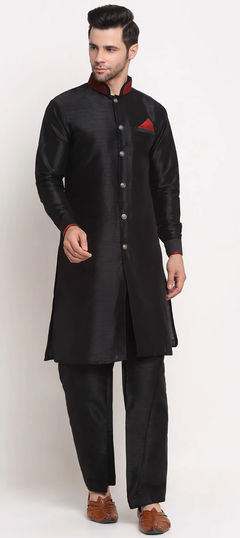 Black and Grey color Kurta Pyjamas in Dupion Silk fabric with Thread work