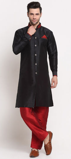 Black and Grey color Kurta Pyjamas in Dupion Silk fabric with Thread work