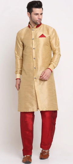 Beige and Brown color Kurta Pyjamas in Dupion Silk fabric with Thread work