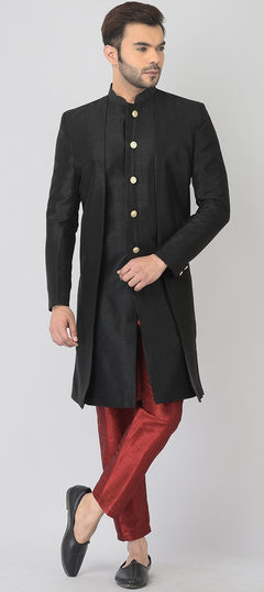 Black and Grey color IndoWestern Dress in Dupion Silk fabric with Thread work