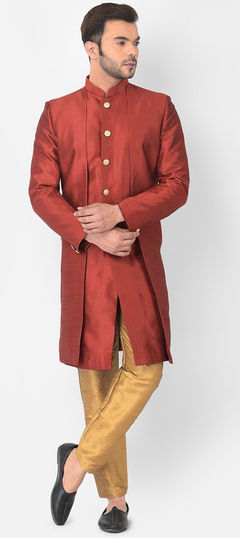Red and Maroon color IndoWestern Dress in Dupion Silk fabric with Thread work