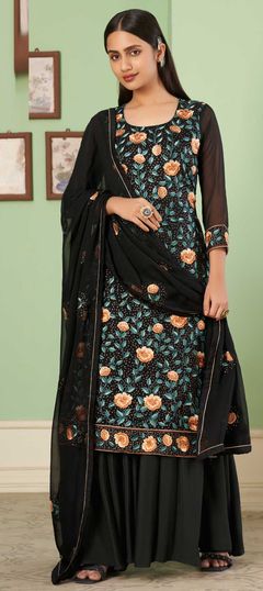 Black and Grey color Salwar Kameez in Georgette fabric with Embroidered, Lace, Sequence, Thread work