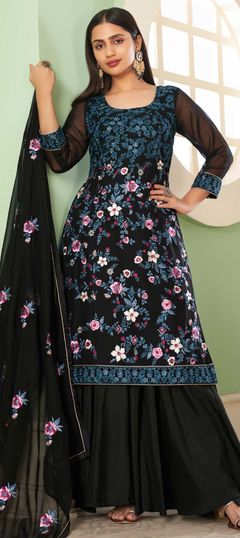 Black and Grey color Salwar Kameez in Georgette fabric with Embroidered, Lace, Sequence, Thread work