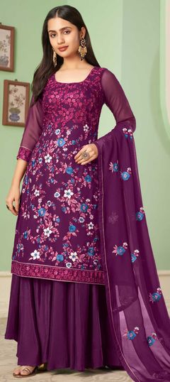 Pink and Majenta color Salwar Kameez in Georgette fabric with Embroidered, Lace, Sequence, Thread work