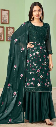 Green color Salwar Kameez in Georgette fabric with Embroidered, Lace, Sequence, Thread work