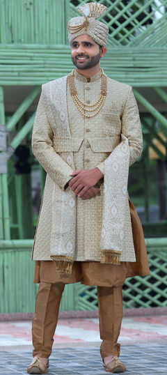 Beige and Brown color Sherwani in Art Silk fabric with Embroidered, Sequence, Thread work : 1833188