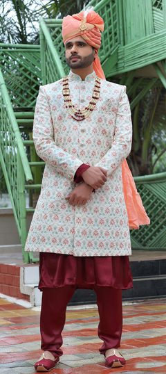 White and Off White color Sherwani in Art Silk fabric with Embroidered, Resham, Thread, Zari work
