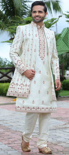 Beige and Brown color Sherwani in Art Silk fabric with Embroidered, Resham, Thread, Zari work