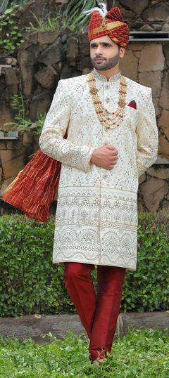 Beige and Brown color Sherwani in Art Silk fabric with Embroidered, Mirror, Thread work