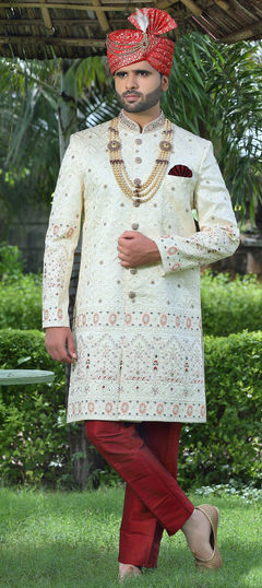Beige and Brown color Sherwani in Art Silk fabric with Embroidered, Sequence, Thread, Zari work
