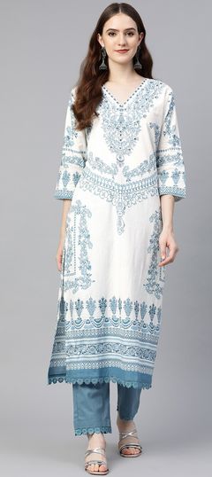 Blue, White and Off White color Salwar Kameez in Cotton fabric with Printed, Sequence work