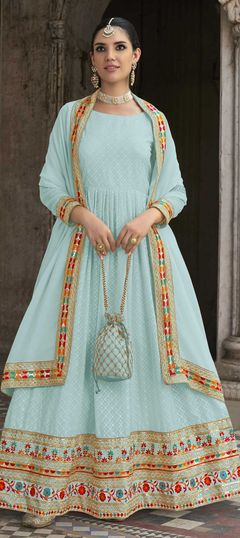 Blue color Salwar Kameez in Georgette fabric with Embroidered, Sequence, Thread, Zari work