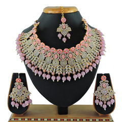 Gold Rodium Polish Pink and Majenta color Necklace in Metal Alloy studded with CZ Diamond, Pearl