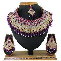 Gold Rodium Polish Purple and Violet color Necklace in Metal Alloy studded with CZ Diamond, Pearl