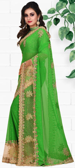 Green color Saree in Georgette fabric with Cut Dana, Embroidered, Stone work