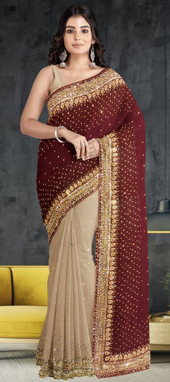 Beige and Brown, Red and Maroon color Saree in Georgette fabric with Cut Dana, Stone work