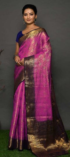 Pink and Majenta color Saree in Raw Silk fabric with Stone, Weaving work