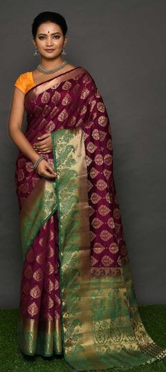 Purple and Violet color Saree in Raw Silk fabric with Stone, Weaving work