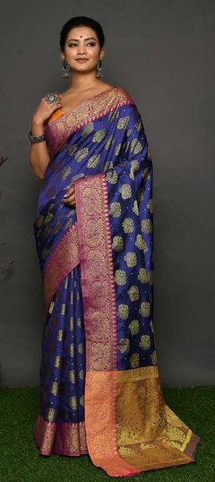 Festive, Traditional Blue color Saree in Raw Silk fabric with Classic Stone, Weaving work : 1834469