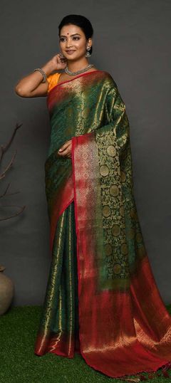 Festive, Traditional Green color Saree in Raw Silk fabric with Classic Stone, Weaving work : 1834474