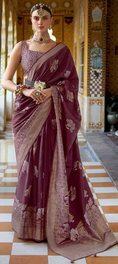 Red and Maroon color Saree in Art Silk, Silk fabric with Weaving work