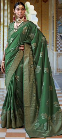 Green color Saree in Art Silk, Silk fabric with Weaving work