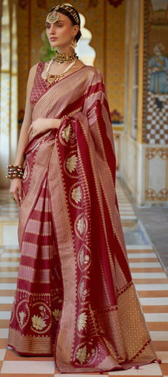 Red and Maroon color Saree in Art Silk, Silk fabric with Weaving work