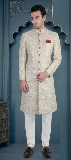 Beige and Brown color Sherwani in Jacquard fabric with Sequence work