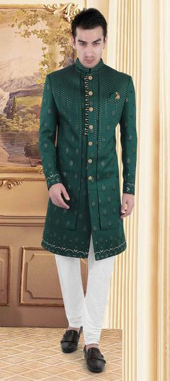 Blue color Sherwani in Brocade fabric with Embroidered, Resham, Sequence work