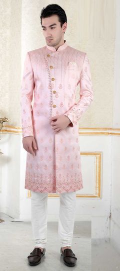 Pink and Majenta color Sherwani in Brocade fabric with Embroidered, Resham, Sequence work