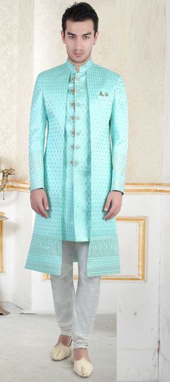 Blue color Sherwani in Brocade fabric with Embroidered, Resham, Sequence work