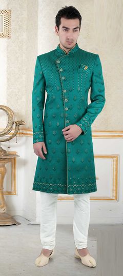 Blue color Sherwani in Brocade fabric with Embroidered, Resham, Sequence work