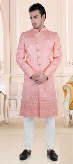 Pink and Majenta color Sherwani in Brocade fabric with Embroidered, Resham, Sequence work