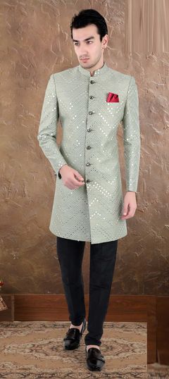 Black and Grey color IndoWestern Dress in Silk fabric with Embroidered, Mirror, Thread work